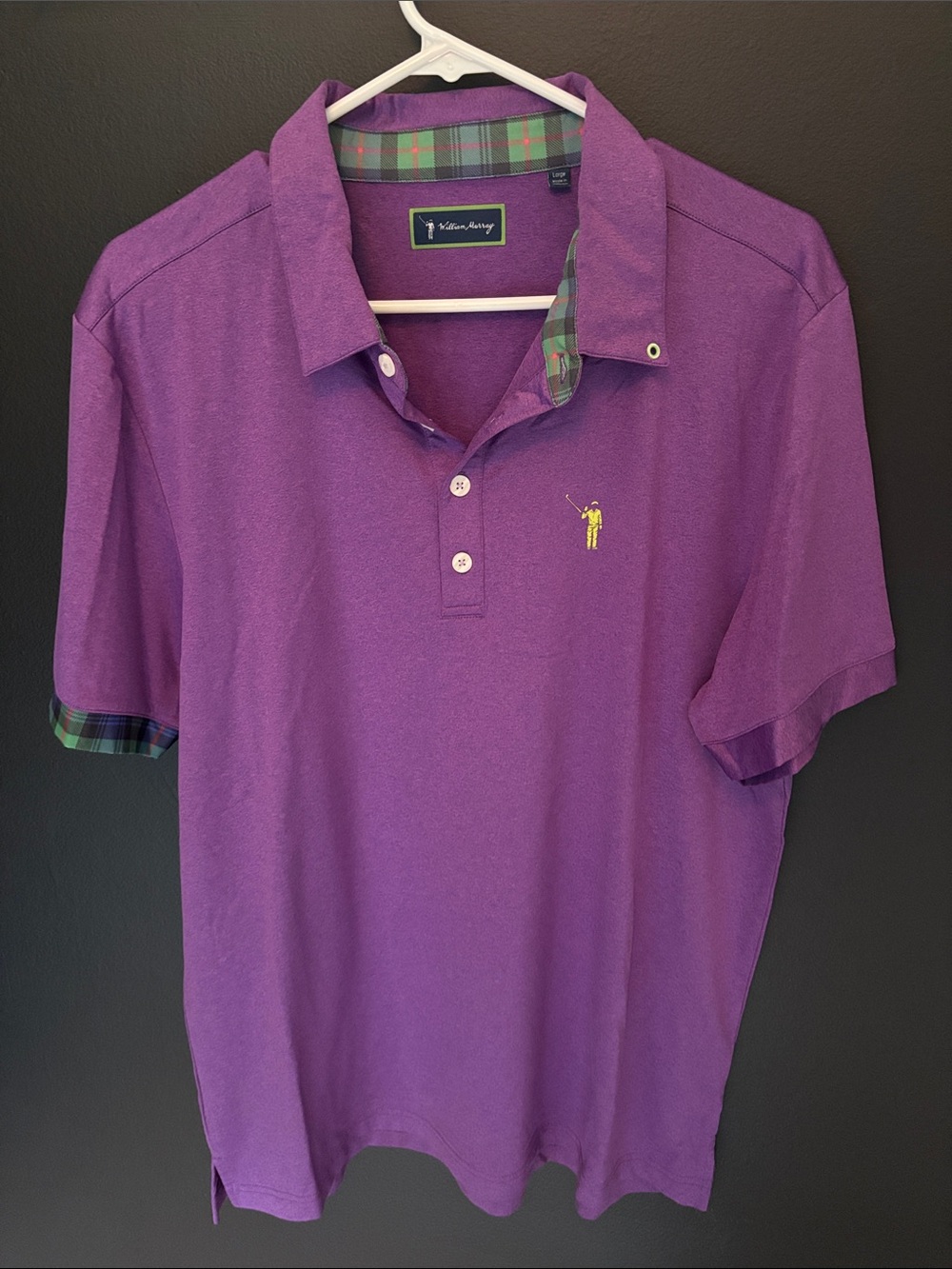 William Murray Golf Purple Polo with Green Plaid Trim